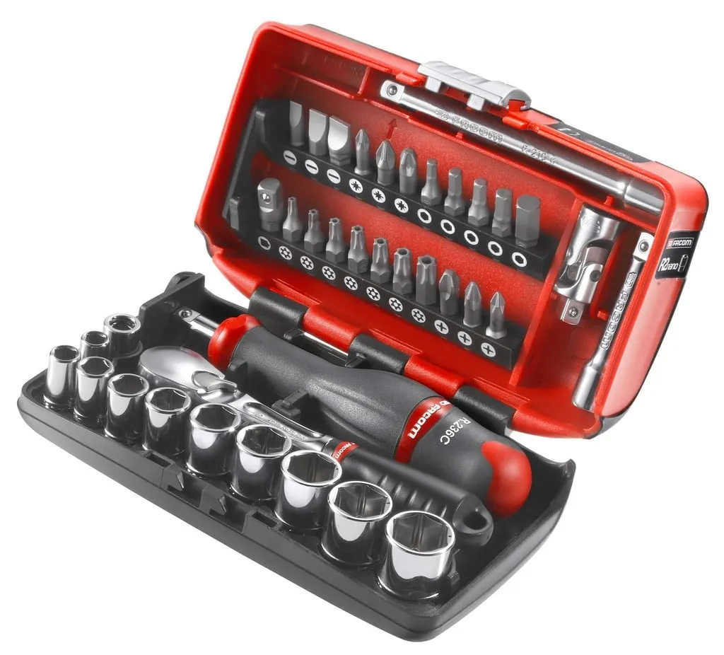 FACOM COMPACTE 1/4″ DOPPENSET 6KANT MET RATEL MET STOFDICHTE KOP – RL.NANO1