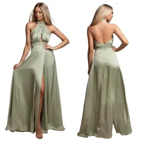 Galajurk sage green halter-split glans-satijn