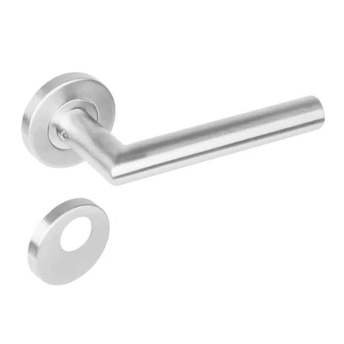 INTERSTEEL Deurkruk 1272 rechte Hoek 90°op rond rozet staal met 7mm nok met rondcilindergat plaatjes RVS