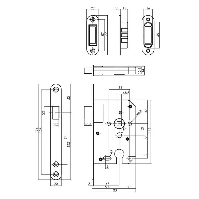 INTERSTEEL WONINGBOUW MAGNEET CILINDER DAG EN NACHTSLOT 55MM, VOORPLAAT AFGEROND ZWART, 20X175, DOORN 50MM INC