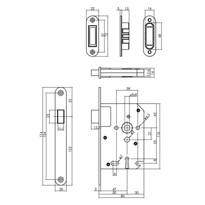 INTERSTEEL WONINGBOUW MAGNEET KLAVIER DAG EN NACHTSLOT 55MM, VOORPLAAT AFGEROND RVS, 20X175, DOORN 50MM INCL.