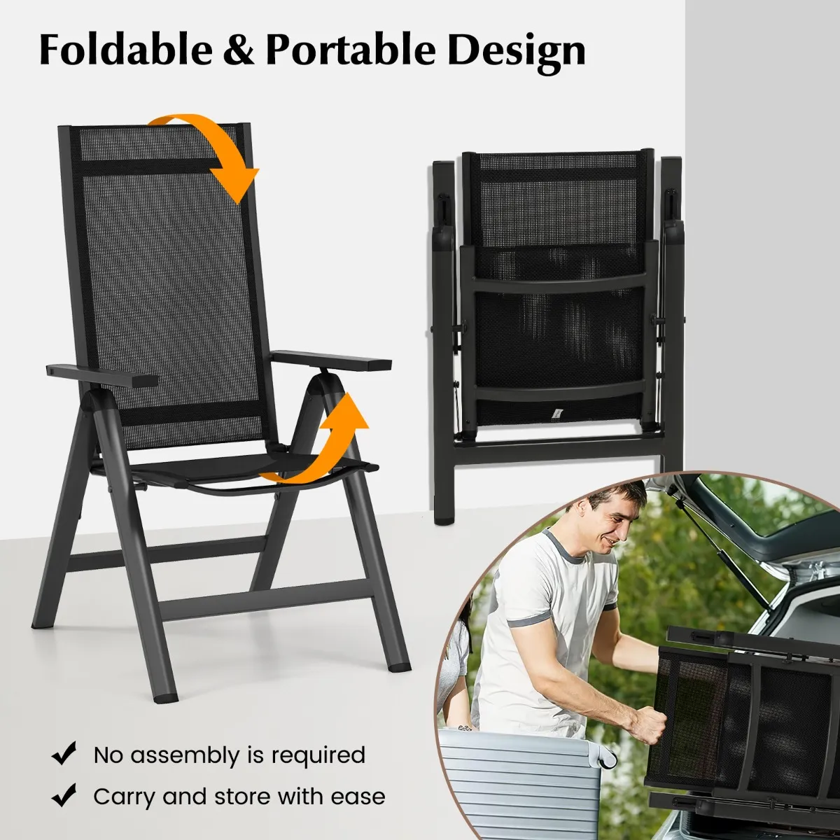 OPVOUWBARE TERRASSTOELEN LICHTGEWICHT TUINSTOELEN MET 7VOUDIG VERSTELBARE RUGLEUNING ARMLEUNINGEN DRAAGBARE BALKONSTOELEN ZWART