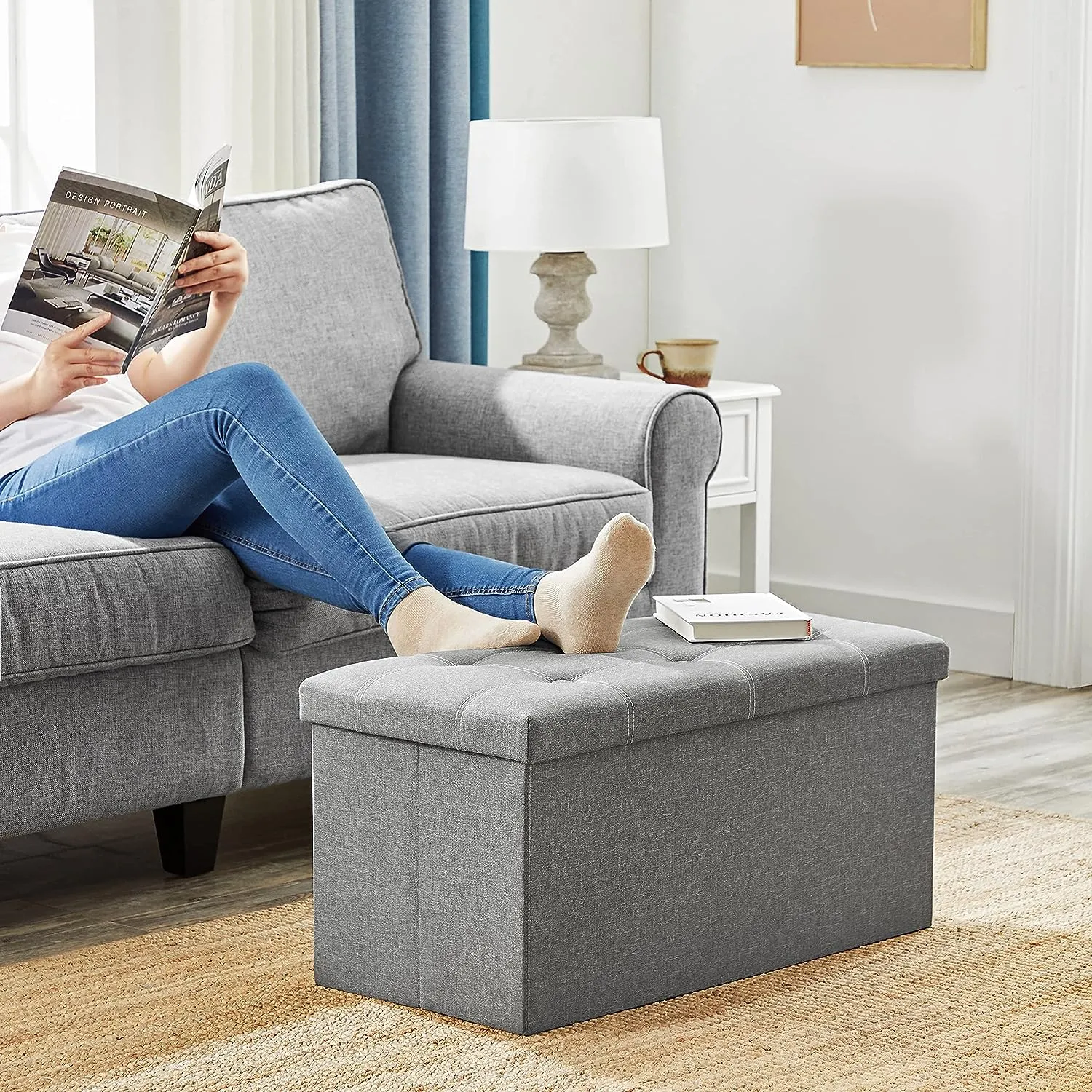 Zitbank Met Opbergruimte, Zitkist, Zitkruk, Opvouwbaar, 76 X 38 X 38 Cm, Bekleding Van İmitatie Linnen, Voor Slaapkamer, Hal, Wo